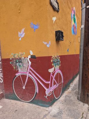 Pink bicycle with flowers