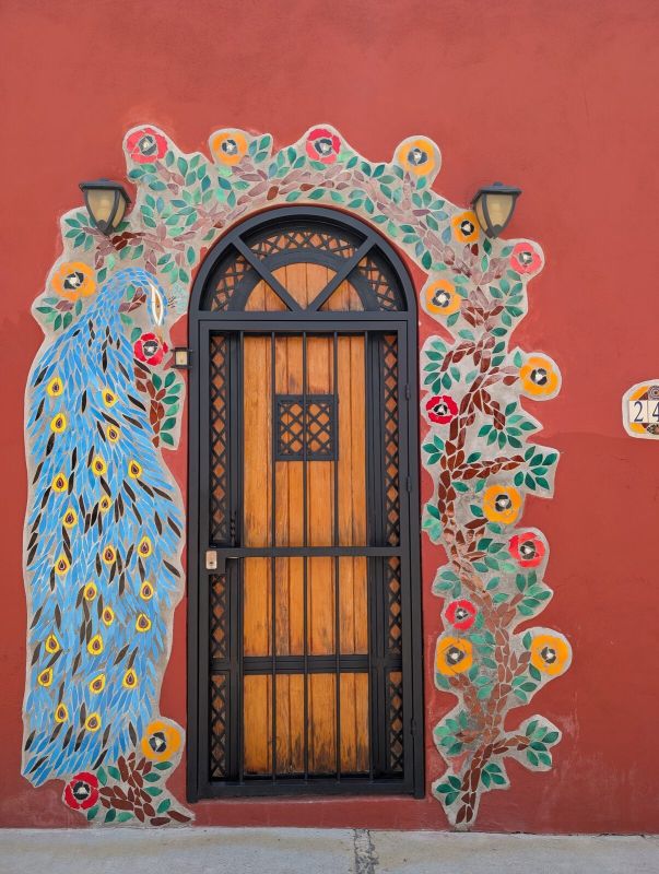 Peacock and flowering vine