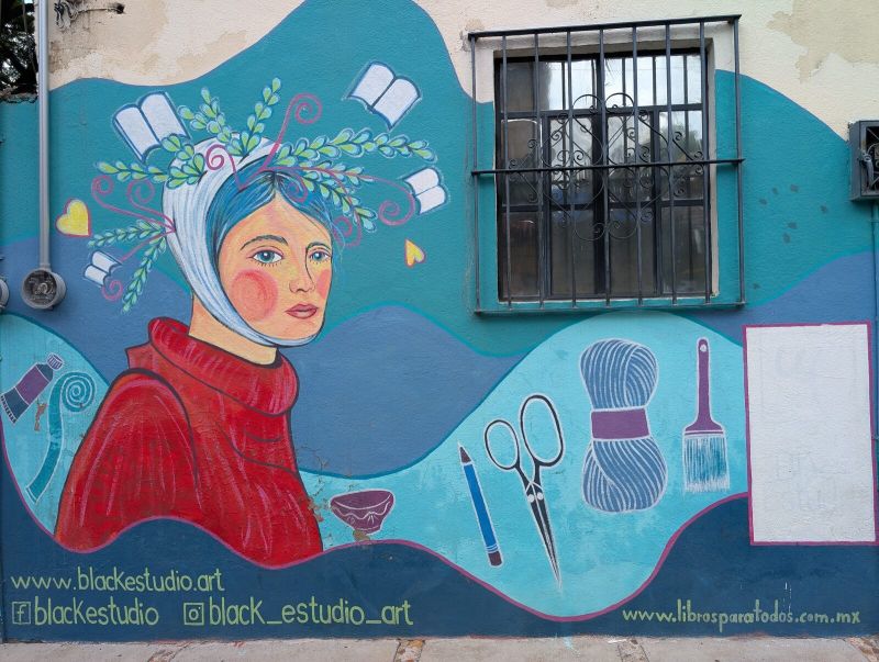 Mujer con libros en el cabello
