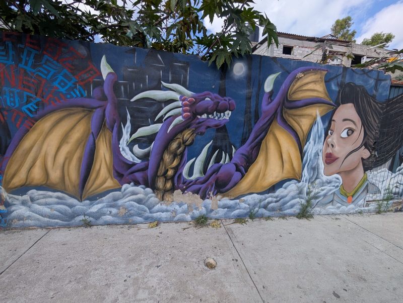 Dragón morado y mujer