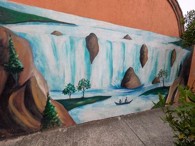 Floating rocks and waterfall